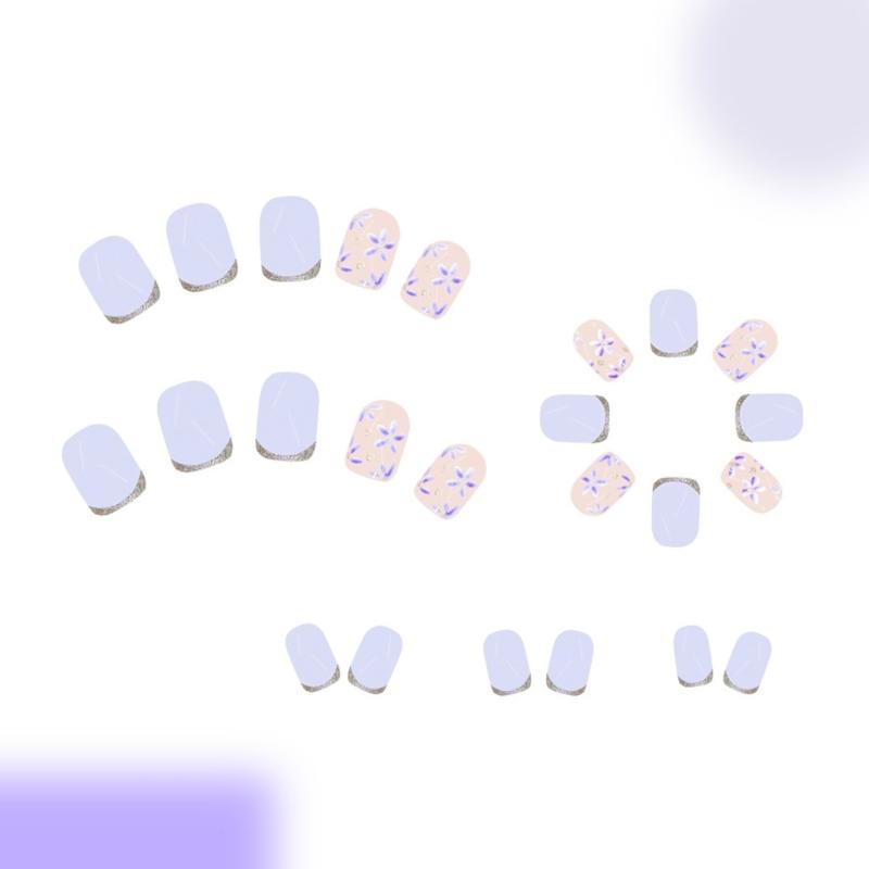 24 Pcs Glittering Press On Nail French Tips False Nail Flowers Full Cover Stick On Nail Short Square Acrylic Nail