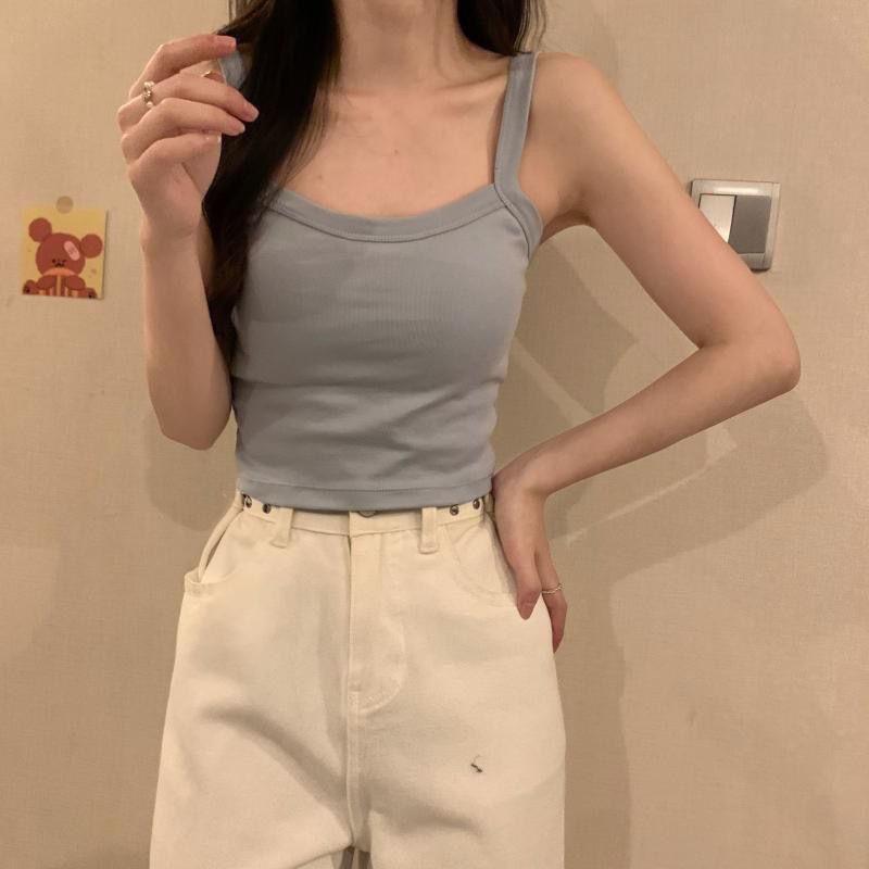 WTEMPO Letní tílka tank topy ležérní topy ženy s vestavěnou podprsenkou ramínkové tílko pro ženu jednobarevné dámské korejský styl