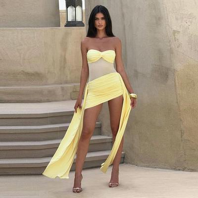 Vestido Corto de Malla Europeo y Americano para Mujer, sin Tirantes, Espalda Descubierta, Fruncido