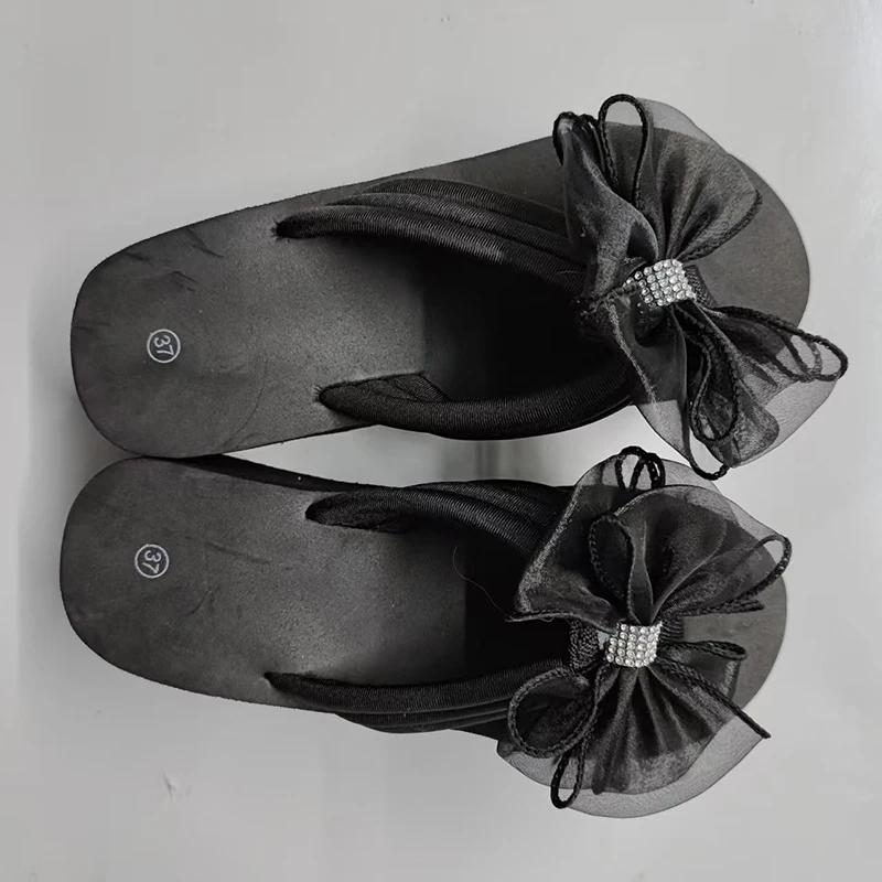 Fashion Black Mesh Bowknot Wedges Slippers Women Plus Size 36-43 Outdoor Platform Flip Flops Woman Summer Lightweight Clip Toe Sandals