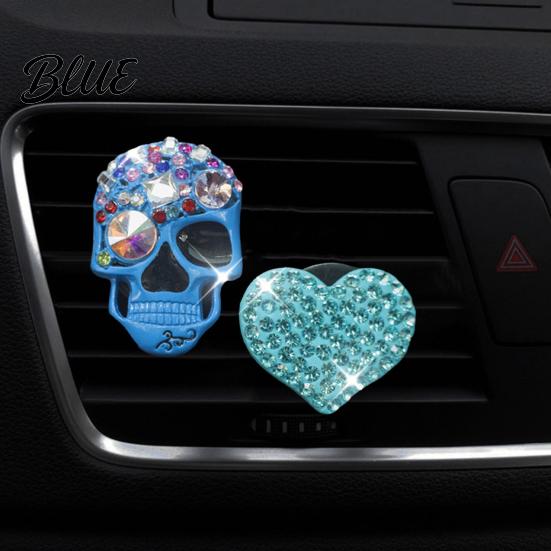 Totenkopf Herz Auto Dekoration 2 Stück Bling Lüftungsschlitz Clips Strass Glänzend Duft Diffusor Armaturenbrett Zierleiste Clip Lustiger Kopf Auto Innenraum Ornament Halloween
