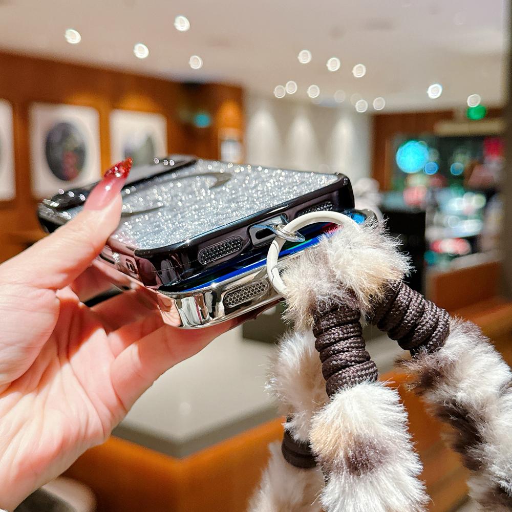 KEYSION Glitter Leopard Print Magnetic Phone Case for iPhone 13 14 15 16 17 Pro Max 17 Air 16 Plus With Plush Lanyard Shockproof Cover