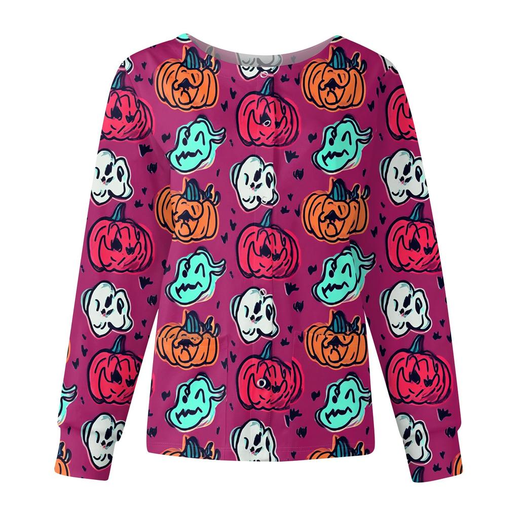 Women's Casual Fashion Long Sleeve Standing Collar Single Breasted Halloween Printed Workwear Jacket Tops