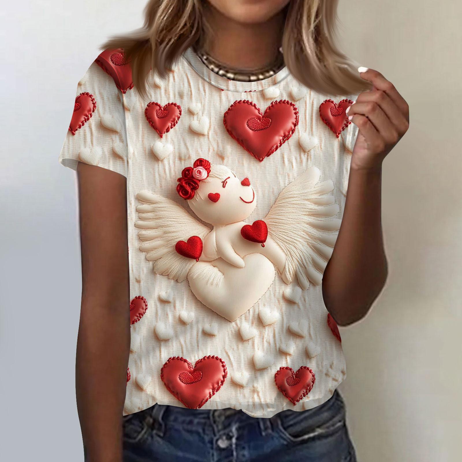 

Женская модная повседневная футболка с коротким рукавом и круглым вырезом с принтом ко Дню святого Валентина L бежевый