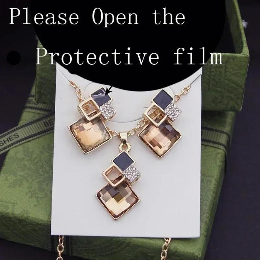 Elegant Fashion Minimalist Square Diamond Inlaid Necklace Earrings Set For Women Collarbone Chain Accessories Creative Gifts
