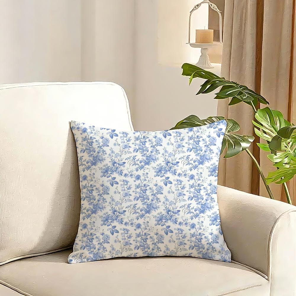 Elegant Blue Floral Cushion Cover Reversible Plush Pillow Cover Soft Fluffy Home Decor for Sofa Bedroom