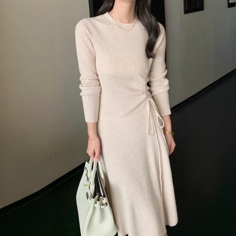 2024 Hepburn Style French Knit Dress with Drawstring Waist and Sweater Coat - Women's Autumn/Winter Fashion