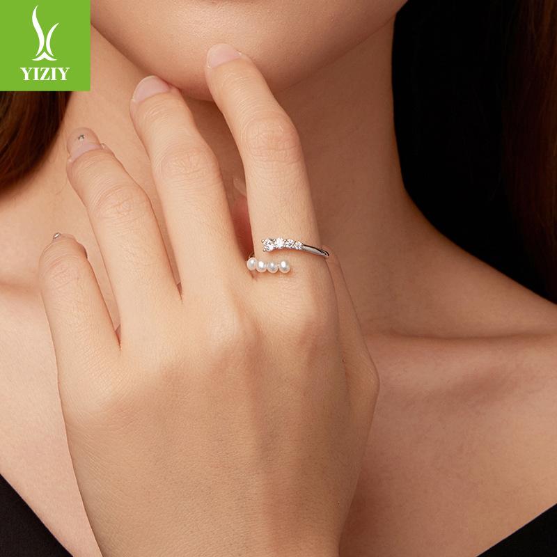 Simple Pearl Mozzarella Diamond Open Ring Ladies Celebrity S925 Sterling Silver Ring Ring