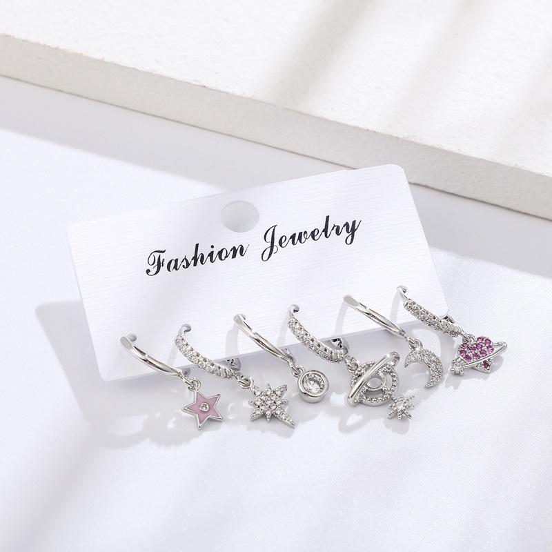 6Pcs/set Geometric Star Moon Rhinestones Hoop Earrings Sets for Women Colorful Zircon Earrings Jewelry Gift