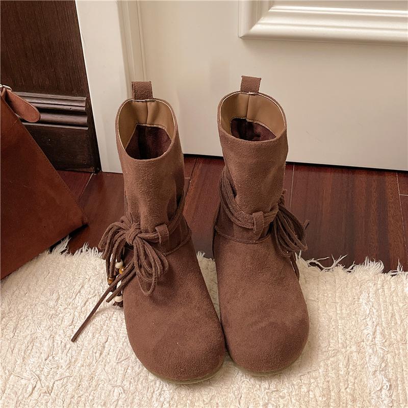 

Модные женские ботильоны на шнуровке 2025 Осень Мода Замшевая плоская подошва Повседневные Челси Короткие ботильоны Ретро Кисточка Бант Боты Женские 40 жёлтый