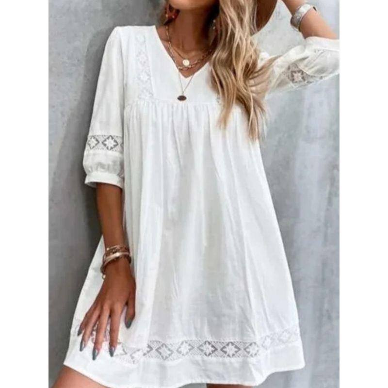 

Европа и Америка Трансграничный Amazon Новое V-образный вырез Простота Повседневное Вырез Кружево Пышный Короткий Рукав Платье White S