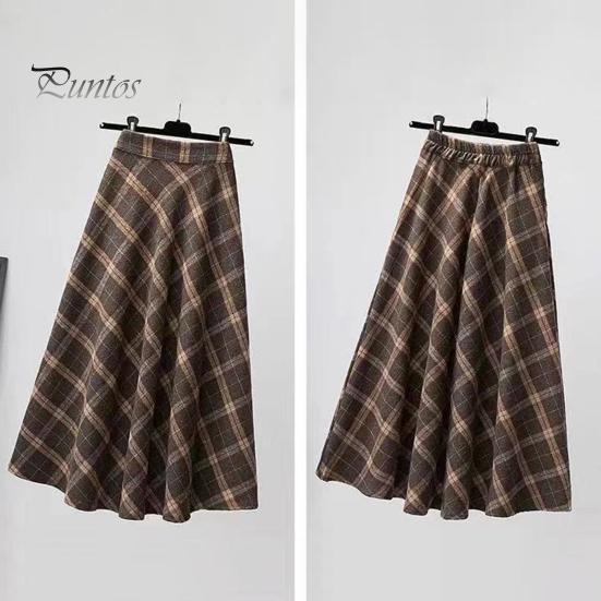 Sukňa so vzorom tartanu Jeseň Zima Dámska Vysoký Elastický Pás Farebné Zladenie Šachovnicového Vzoru A-line Retro Stredná Dĺžka Veľký Rozkolísaný Hrubá Teplá Mäkká Sťahovacia Stredná Časť Lítka