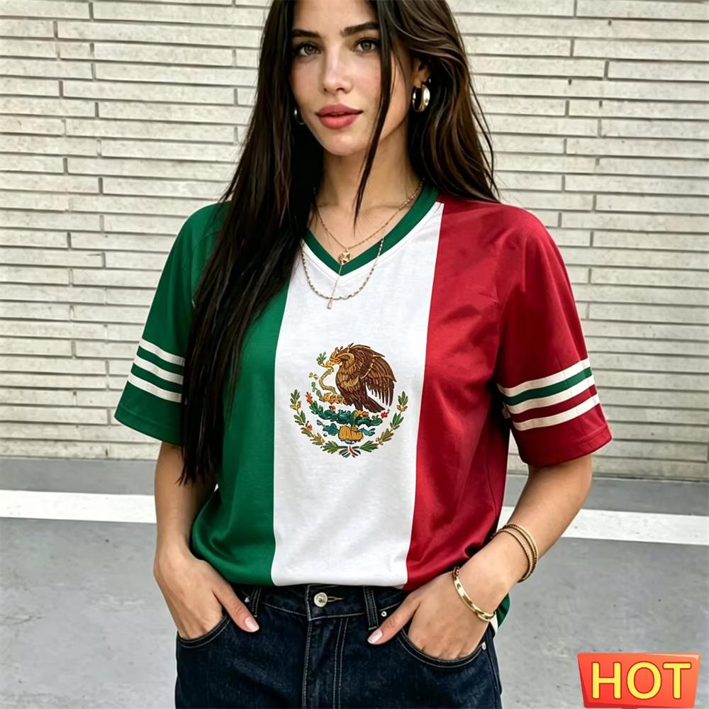 Summer Men Women's V-Neck Jersey Mexico Football Jersey Breathable Sport Girl T-Shirt Polyester Breathable Tee 2026 Jersey Tops