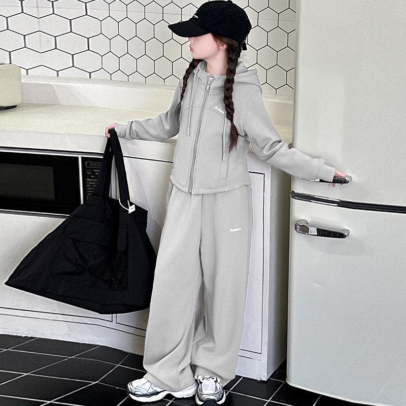 Ensemble Deux Pièces Fille 2025: Veste Sweat à Capuche & Pantalon Large pour Grands Enfants, Style Automne/Printemps