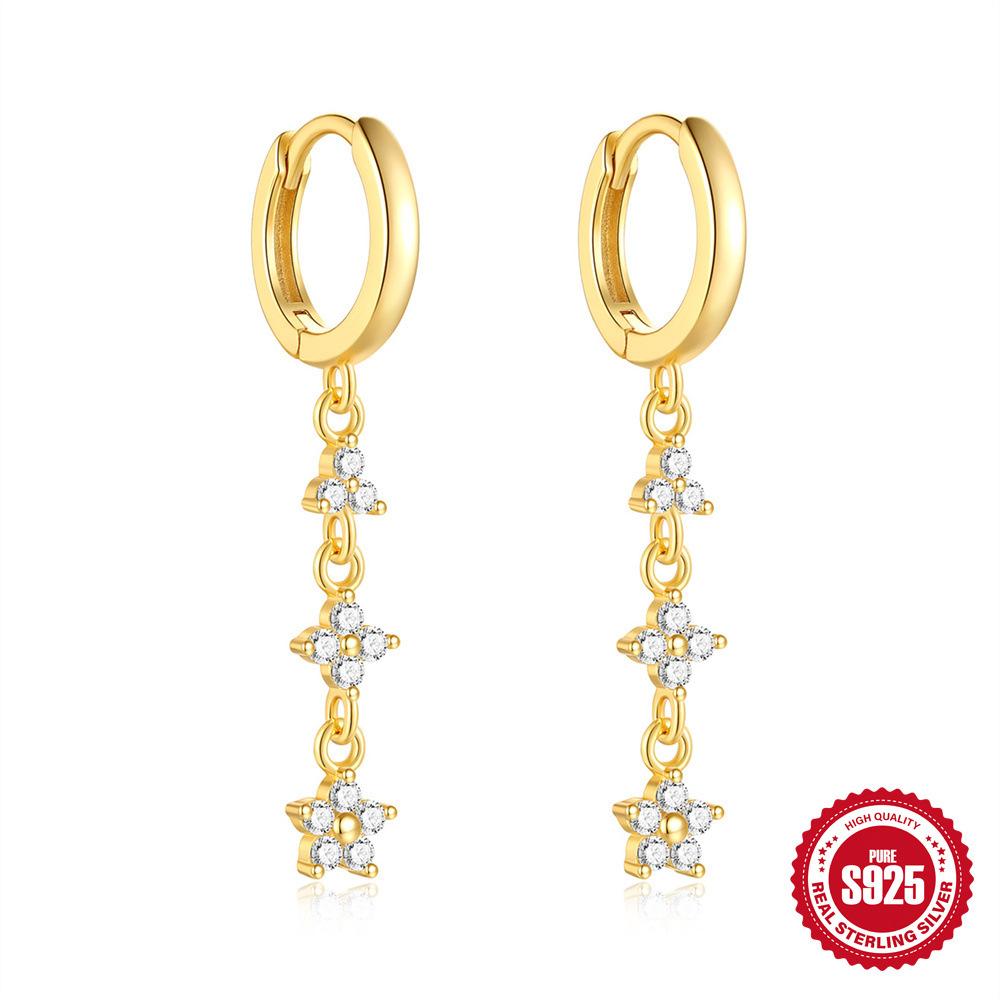 S925 Sterling Silver Light Luxury Ear Buckle Water Drop Five-Petal Flower Inlaid Zircon French Earrings Women'S Fashion Explosion