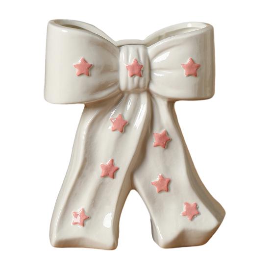 Delicate Desktop Decoration Ceramic Bow Vase with Star, Decorative Flowers Vase, Creative Flower Chic Room Decor Gifts Arrangement Holder for