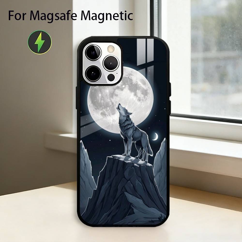 Mond Heulender W-Wolf Handyhülle Für iPhone17,16,15,14,13,12,11 Plus,Pro Magnetisch Für Magsafe Kabelloses Laden
