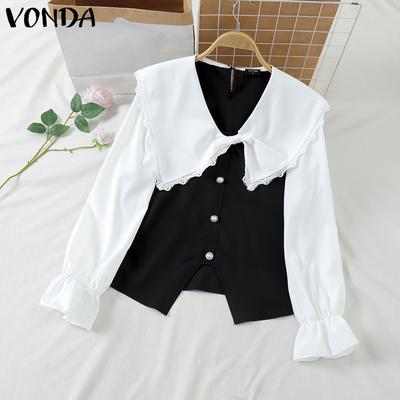 Blusas femininas de outono com lapela e renda, manga comprida e contraste de cores