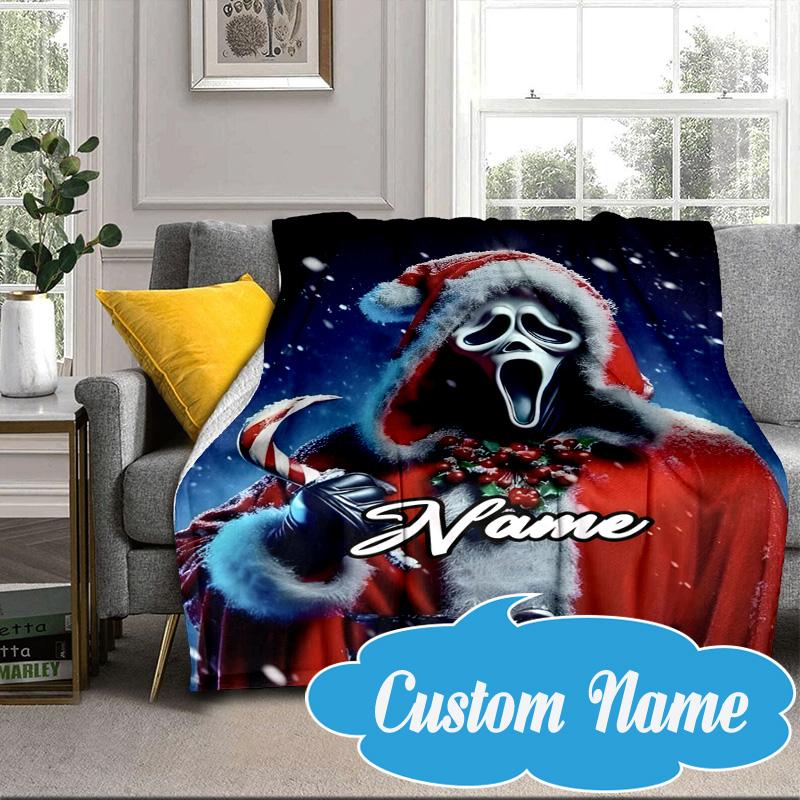 Custom Name Ghostface Horror Theme Blanket bed sofa Blanket Flannel Blanket for Camping, Hiking, Picnic Essentials,gift for Fan family