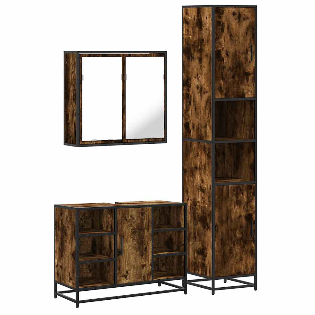 3 Piece Bathroom Furniture Set Smoked Oak Wood Based Material