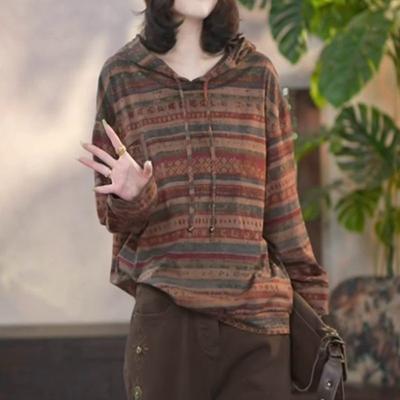 Autumn and Winter Fashion Retro Loose Casual Versatile Printed Hooded Long-sleeved Sweatshirt Women's Tops