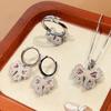 Huamei Jewelry Set Earrings Ring Pendant Pink Inlaid Butterfly Shaped Sweet Wind Female Style