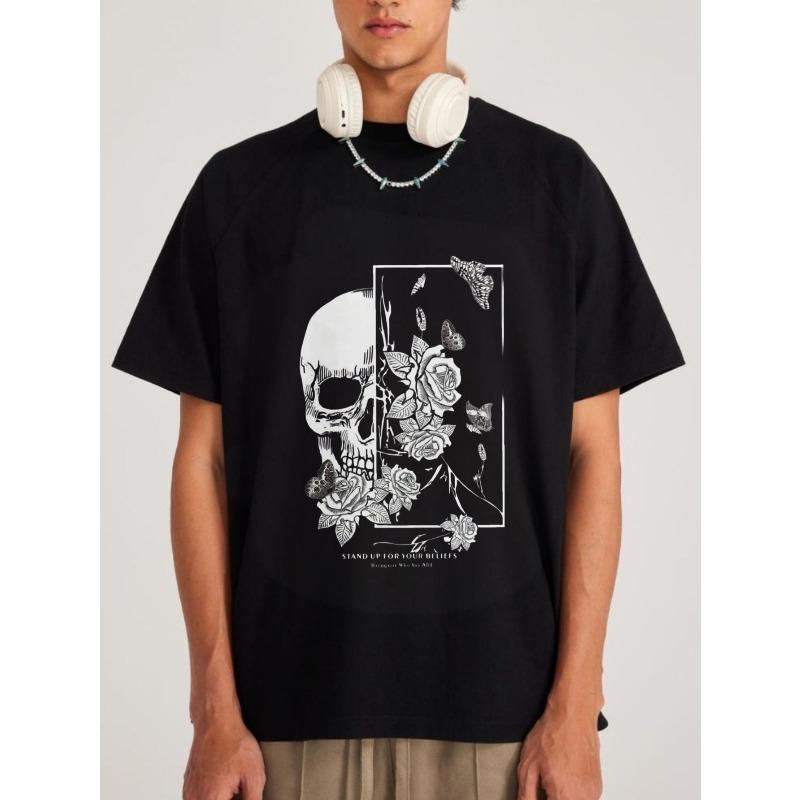Black T Shirt With Skull Roses And Butterflies Print Stand Up For Your Beliefs Text Design For Casual Streetwear Fashion