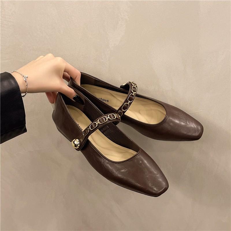 French retro single shoes women's 2025 spring new low-heeled square head fashion one-word buckle with shallow mouth Mary Jane shoes