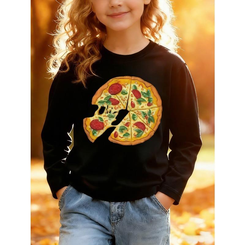 European sizes Kids' Long Sleeve Top, Fashionable Round Neck Sweatshirt with Fun Pizza Print, Cute Top for Casual Daily Wear, Ideal Gift for Kids