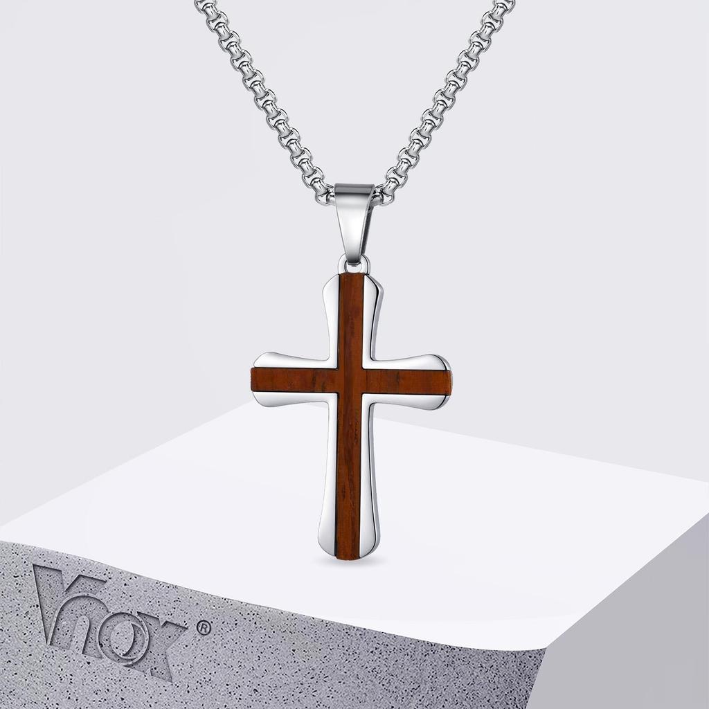 Vnox Red Wood Faith Cross Pendant Neckalce for Men, Silver Color Stainless Steel Box Chain Necklaces, Religious Jewelry Gifts