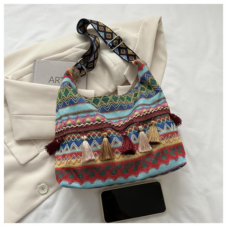 2025 Fashion Ethnic Tassel Canvas Shoulder Crossbody Tote - Large Capacity