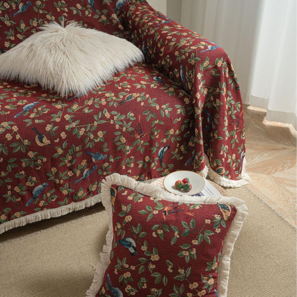 Sofabezug Anti-Katzenkratzer Jacquard Blume Vogel Retro Jujube Dicke Sofadecke