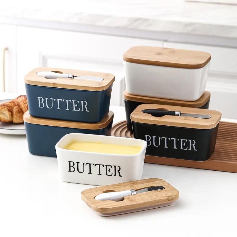 Ceramic Butter Box Butter Dish with Bamboo Lid and Knife Ceramic Butter Container with Lid for Countertop Butter Keeper Holder