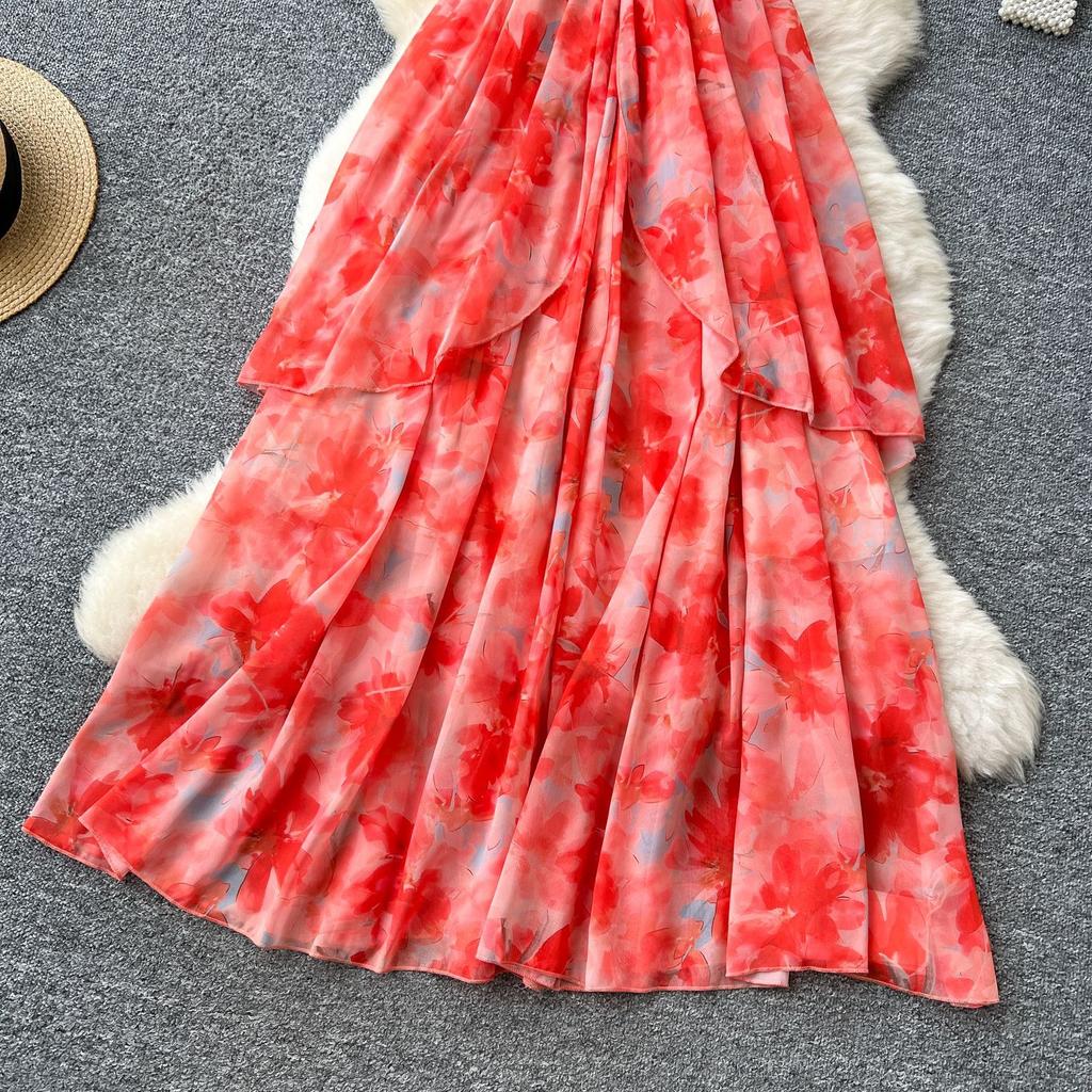 French sexy deep V-neck neck suspender dress women's summer waist temperament ruffle edge pendulum print dress