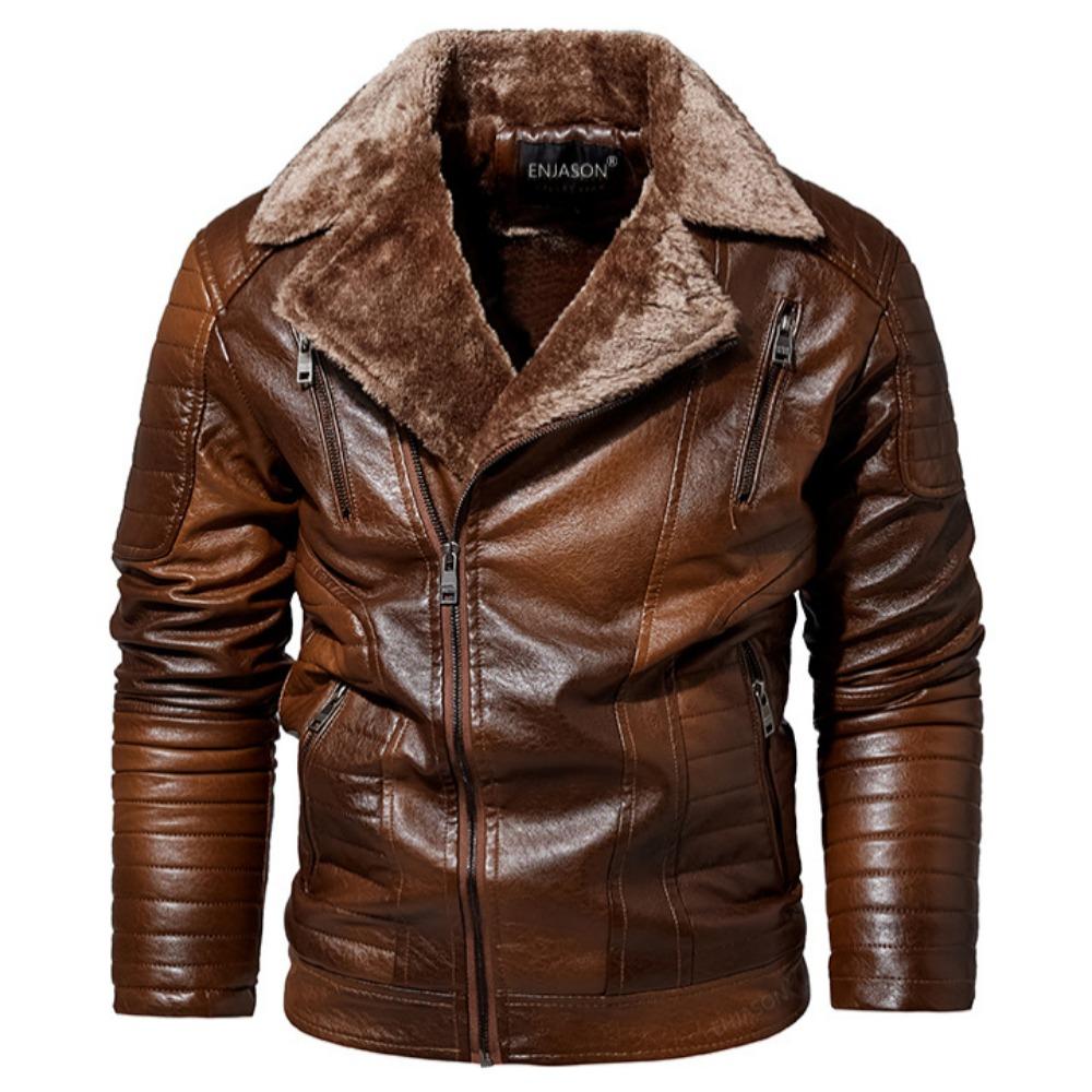 Men's Plus-Size European and American Style Fleece-Lined PU Leather Jacket - One-Piece Fur Design for Winter