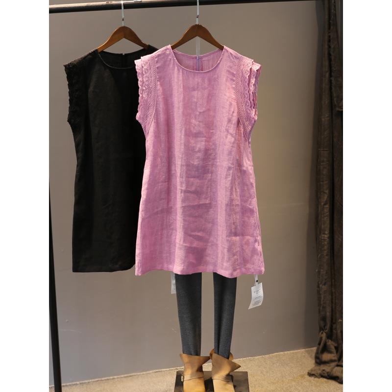

European Style Multi-color Sleeveless Dress with Flounce Sleeves, Lace Trim, and Round Neck in Cotton Linen L рожевий червоний колір