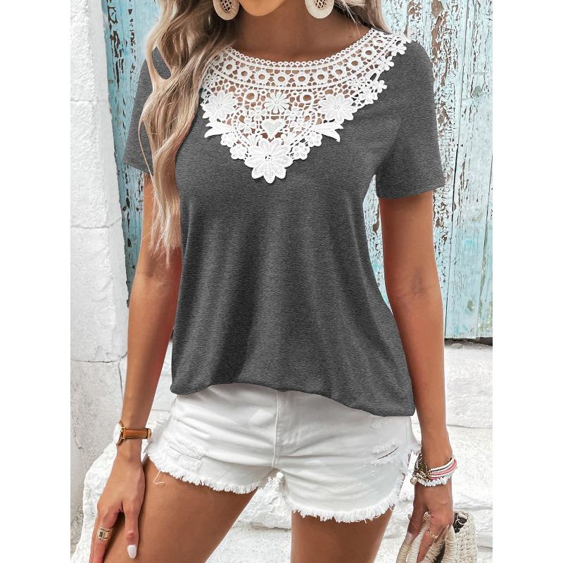 

Women s Hollow Lace Patchwork Round Neck Collar Loose Short Sleeved T-shirt Top XL серый