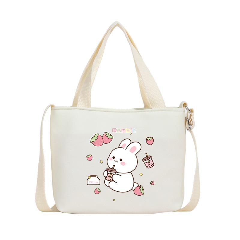 Cartoon Cute Rabbit Strawberry Print Children Shoulder Canvas Bag For Daily Use