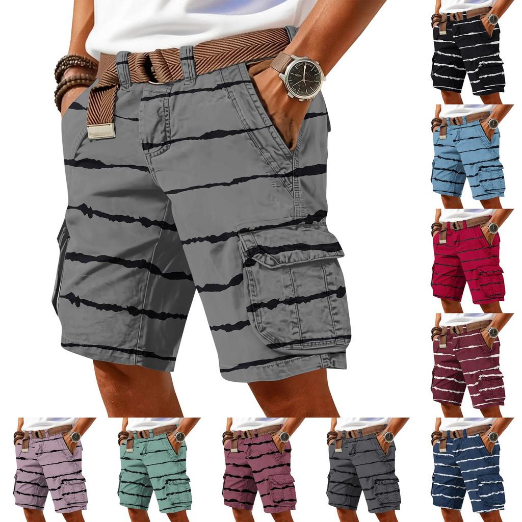 Men's casual trend striped printed short pants - Men's multi-pocket work- athletic shorts (without waistband)