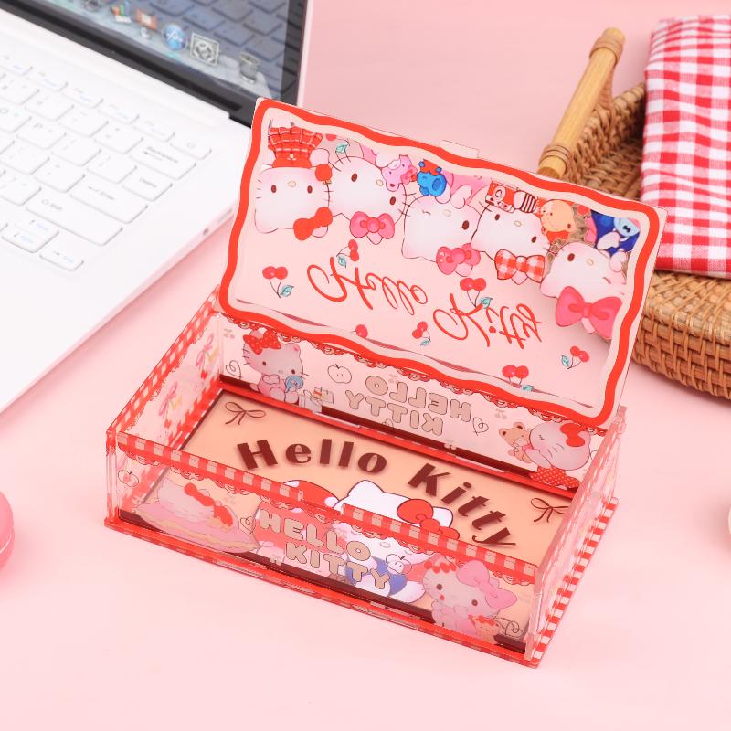 Hello Kitty Storage Box Cute Acrylic Flip Desktop Storage Box Dust-Proof Ornaments Removable Home Decora