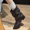 Fashion Pointed Toe Belt Buckle Block Heel Trouser Heel Boots Women's Spring and Autumn Fashion Pleated Skinny Mid-Tube Pile Boots