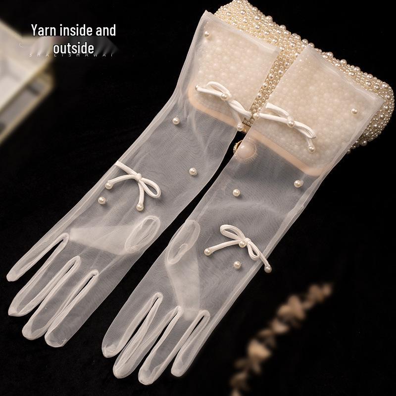 Pearl Bow Lace Wedding Gloves - Mid-Length, White Mesh, Photography Accessory