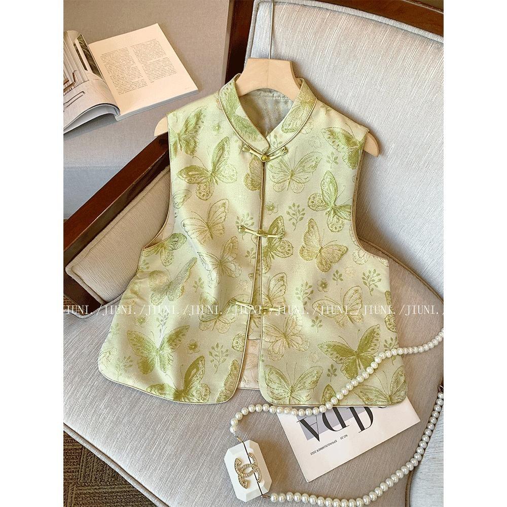 

Зеленый жилет с жаккардовой вышивкой в виде бабочек, высококлассный жилет с ретро-темпераментом 3XL (recommended 138-75kg) зелёный