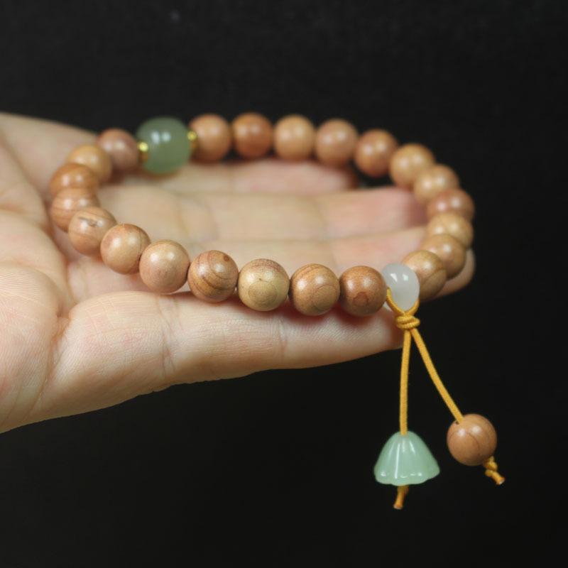 8mm Red Cypress Wood Bracelet with Green Lotus Pendant Women Jewelry