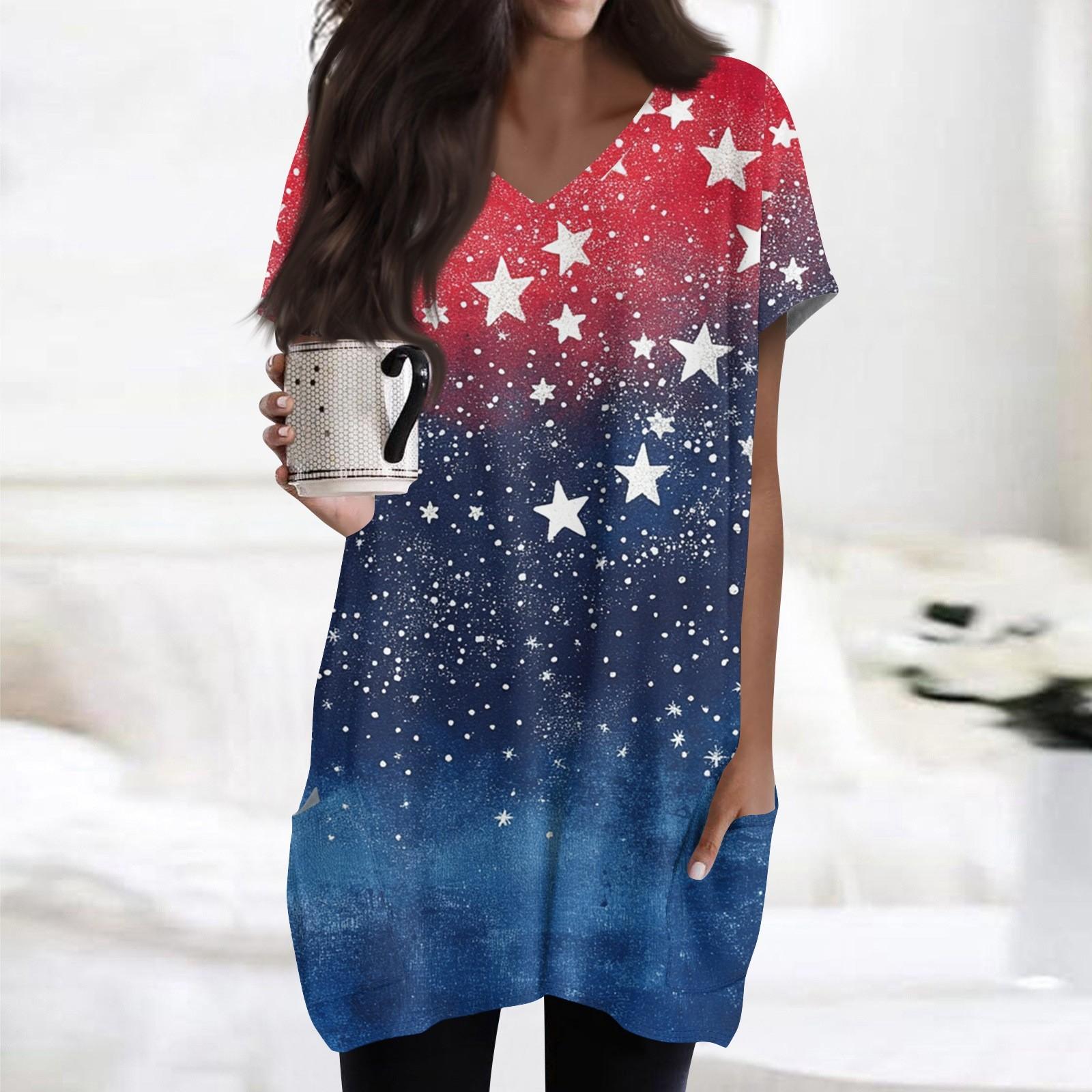 

Женские топы с V-образным вырезом, блузки с коротким рукавом, повседневные рубашки средней длины, модные туники с принтом «День независимости» и карманами XL