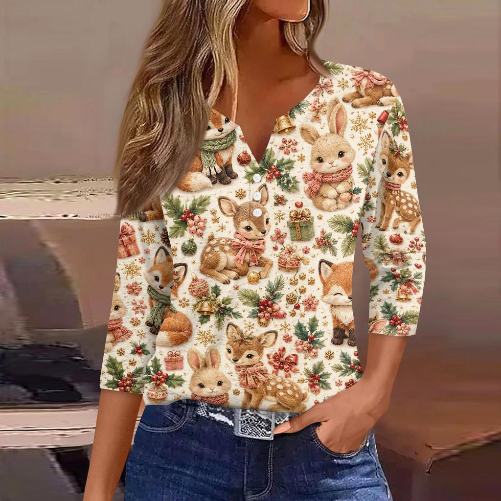Women's Fashion Casual Christmas Print V-Neck Button Three-Quarter Sleeve T-Shirt Top