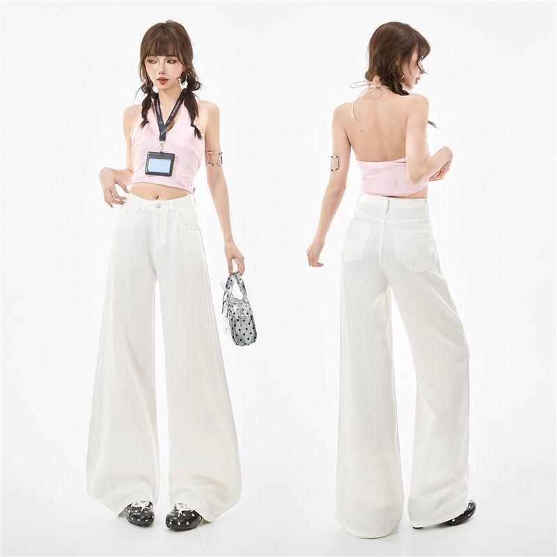 Spring Summer 100 Percent Tencel Lyocell Ice Silk YKK Pure White Cool Drape Wide Leg Denim Pants For Women Casual Pants Oversize Denim Trousers