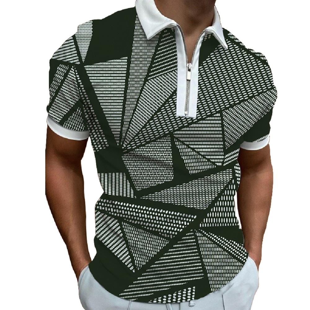 Men's summer fashion striped printed short sleeved zipper polo shirt