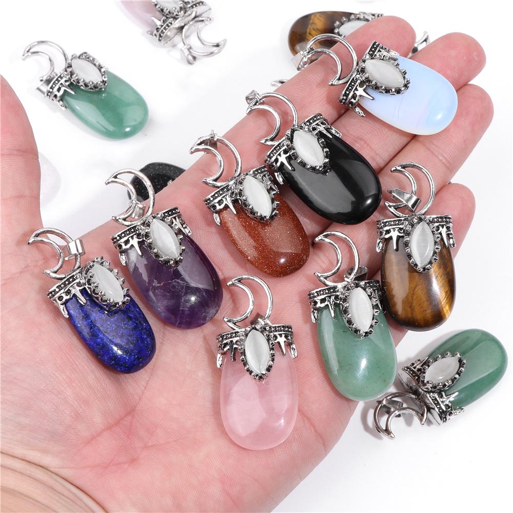 1pc Moon, tribal style pendant, natural stone,Tiger Eye,Jades,Crystal Stone Fashion Pendant Charm For Jewelry Making 26*52MM