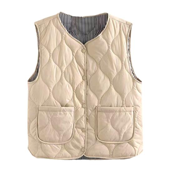 Zimní dámská vrstvená vesta kabát s úložným vakem tenká vycpaná zapínání na patentky výstřih do V bez rukávů jednobarevná větruodolná